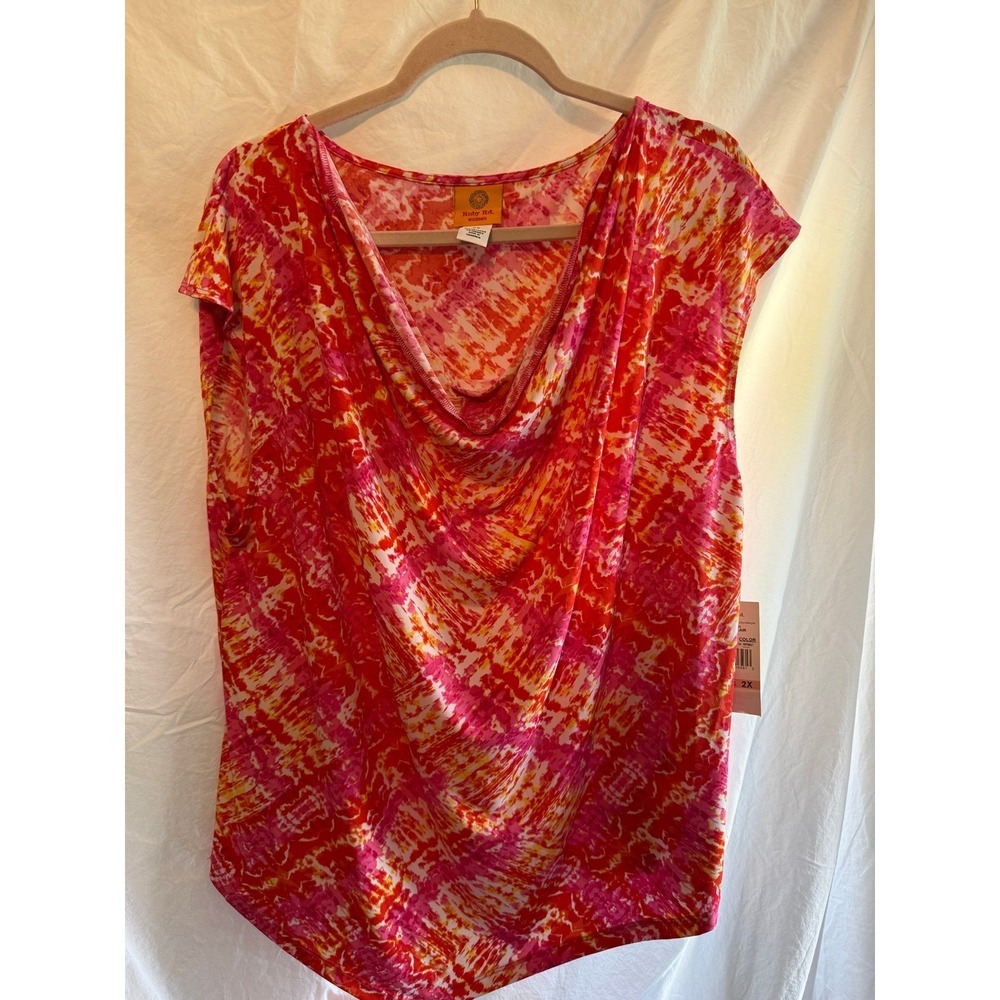 Ruby Rd Woman Solar Flair Pink Orange Tie Dye Cowl Neck Top 2X NWT 33257 BT